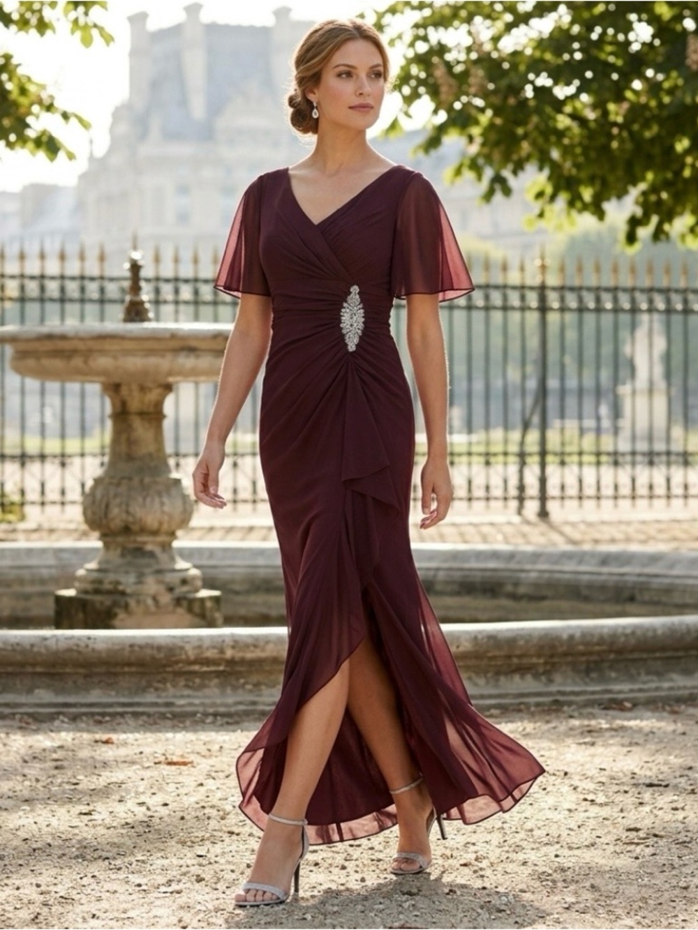 NWT Alex Evenings Ruched Mesh Gown Embellished Flutter Sleeve Wine 16